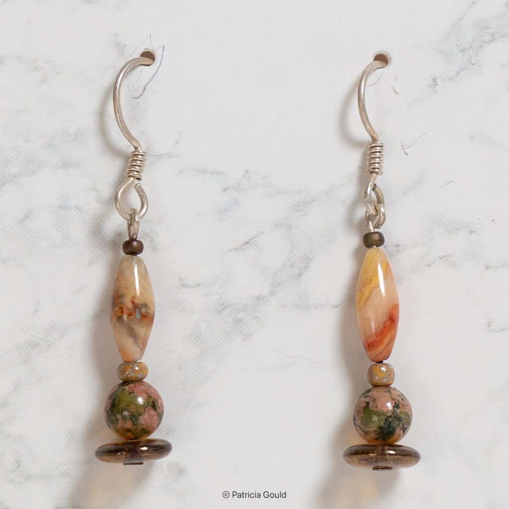 New - Ea34 -Handmade Earrings - Unakite, Jasper, Glass Seed Beads, One Of A Kind